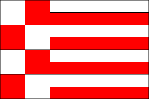 List tvoří bílo-červeně šachovaný (4x2) žerďový pruh široký jednu třetinu délky listu a osm střídavě bílých a červených vodorovných pruhů. Poměr šířky k délce listu je 2:3.