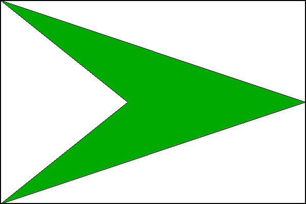 Bílý list se zeleným žerďovým klínem s vrcholem na vlajícím okraji, překrytým bílým žerďovým klínem s vrcholem ve středu listu. Poměr šířky k délce listu je 2:3.