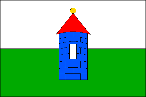 Dva vodorovné pruhy: bílý a zelený. Uprostřed modrá válcová věž s bílým oknem a červenou kuželovitou střechou zakončenou žlutou makovicí. Poměr šířky k délce listu je 2:3.
