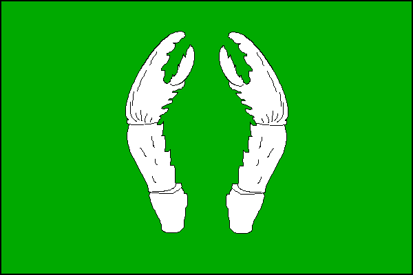 Zelený list se dvěma vztyčenými bílými račími klepety. Poměr šířky k délce listu je 2:3.