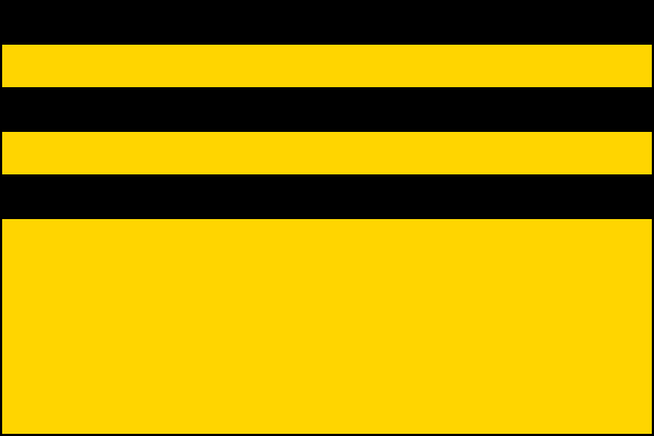 List se šesti vodorovnými pruhy - černým, žlutým, černým, žlutým, černým, žlutým v poměru 1:1:1:1:1:5. Poměr šířky k délce je 2:3.