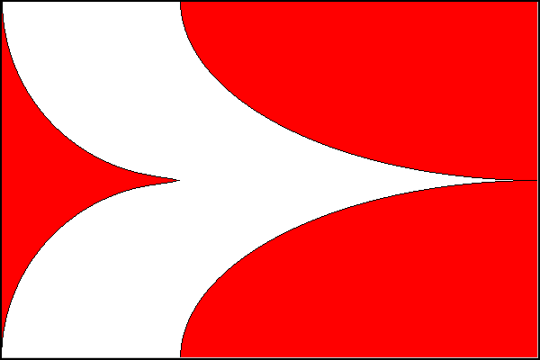 Červený list s bílou vydutou krokví s vrcholem na středu vlajícího okraje. Krokev vychází z jedné třetiny délky listu u žerdě. Červený žerďový klín dosahuje do jedné třetiny délky listu. Poměr šířky k délce listu je 2:3.