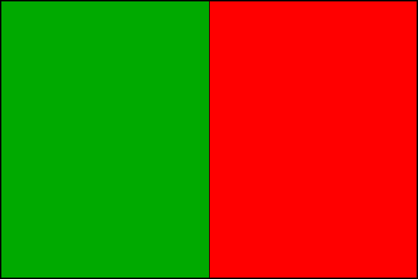 List tvoří dva svislé pruhy, žerďový zelený a vlající červený. Poměr šířky k délce listu je 2:3.