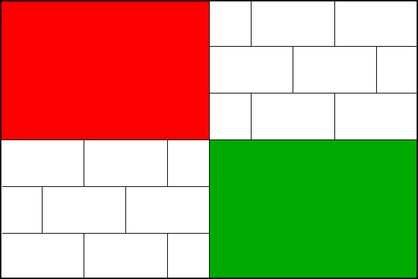 Čtvrcený list, horní žerďové pole červené, dolní vlající zelené, horní vlající a dolní žerďové bílá kvádrovaná. Poměr šířky k délce listu je 2:3.
