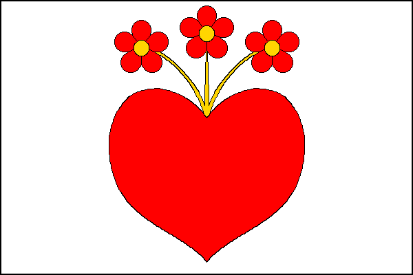 Bílý list s červeným srdcem z něhož na žlutých stoncích vyrůstají tři červené květy se žlutými semeníky. Poměr šířky k délce listu je 2:3.
