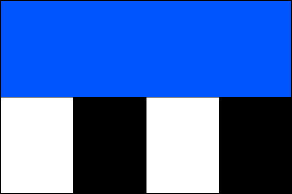 List tvoří horní vodorovný modrý pruh široký polovinu šířky listu a čtyři svislé střídavě bílé a černé pruhy. Poměr šířky k délce je 2:3.