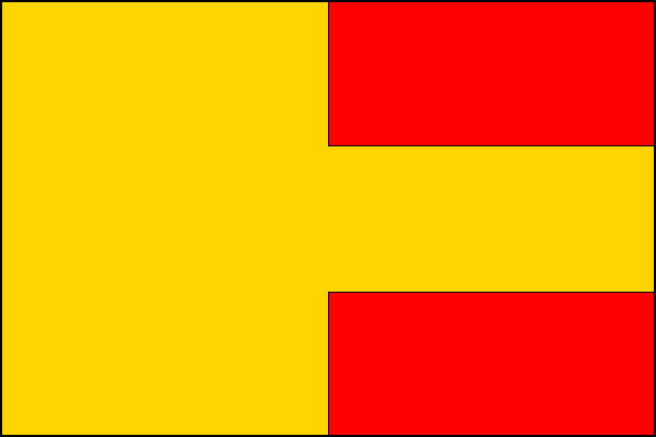 List tvoří žlutá žerďová část a vlající část rozdělená na tři vodorovné pruhy, červený, žlutý a červený v poměru 1:1:1. Poměr šířky k délce listu je 2:3.