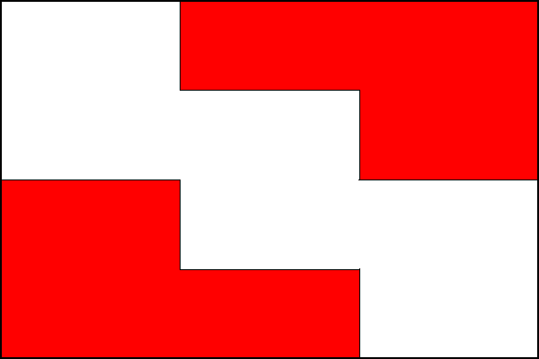 Červený list se třemi bílými čtvercovými poli o šířce jedné třetiny délky listu umístěné v horním žerďovém rohu, ve středu listu a v dolním vlajícím cípu. Poměr šířky k délce listu je 2:3.