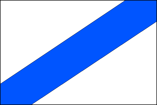 Bílý list se šikmým modrým pruhem, širokým jednu třetinu šířky listu. Poměr šířky k délce listu je 2:3.