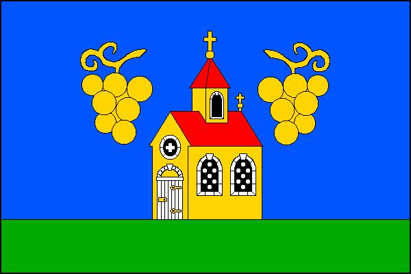 List tvoří dva vodorovné pruhy, modrý a zelený, v poměru 4:1. Na zeleném pruhu stojí žlutý kostel s věží uprostřed, červenými střechami a průčelím k žerdi. Nahoře provázený dvěma žlutými vinnými hrozny. Poměr šířky k délce listu je 2:3.