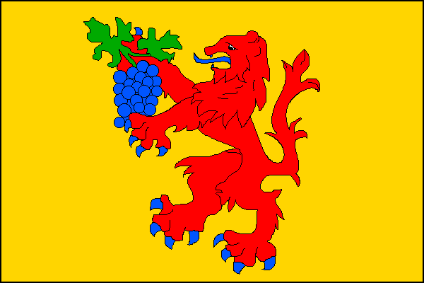 Žlutý list s červeným lvem s modrou zbrojí, držící modrý vinný hrozen se zelenými listy. Poměr šířky k délce listu je 2:3.