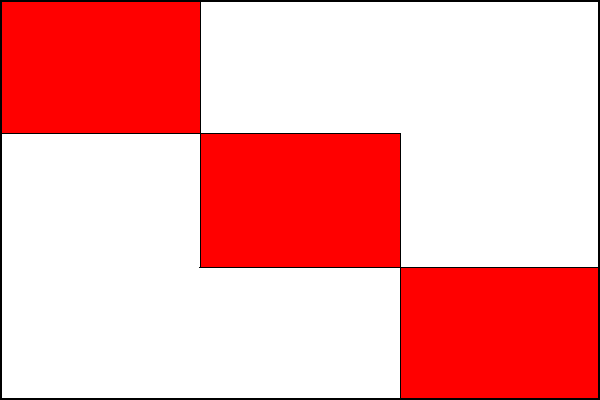 Bílý list se třemi kosmo položenými červenými obdélníkovými poli, z nichž každé má délku jedné třetiny délky listu a šířku jedné třetiny šířky listu. Poměr šířky k délce listu je 2:3.