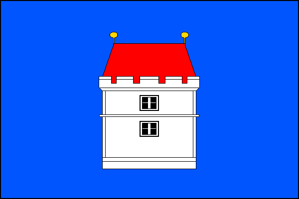 Modrý list, uprostřed bílá věž s červenou valbovou střechou se dvěma žlutými makovicemi a dvěma černými okny pod sebou, oddělenými římsou. Poměr šířky k délce listu je 2:3.