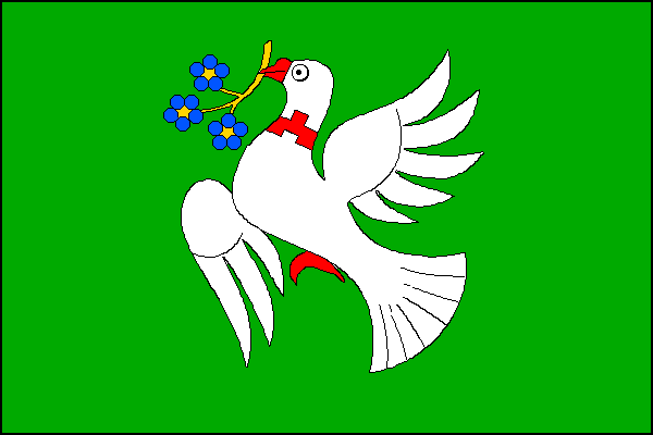 Zelený list s bílou letící holubicí s červenou zbrojí a cimbuřovým obojkem, držící v zobáku na žlutém stonku tři modré pětilisté květy se žlutými středy. Poměr šířky k délce listu je 2:3.