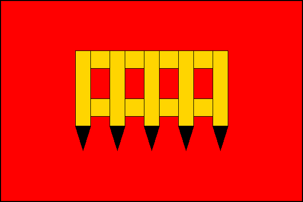 Červený list se žlutou padací mříží o dvou vodorovných břevnech a pěti svislých břevnech s černými hroty. Poměr šířky k délce listu je 2:3.