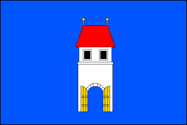 Modrý list, uprostřed bílá věž s červenou valbovou střechou se dvěma zlatými makovicemi, dvěma černými okny a otevřenou branou se žlutými vraty. Poměr šířky k délce listu je 2:3.