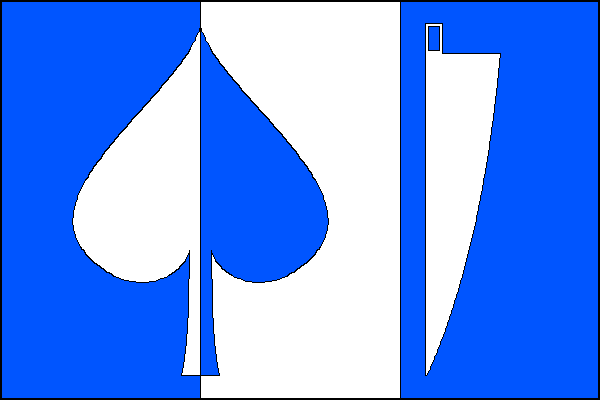 List tvoří tři svislé pruhy, modrý, bílý a modrý. Přes žerďový a střední pruh vztyčený lipový list opačných barev. Ve vlajícím modrém pruhu u středního pruhu bílé krojidlo hrotem dolů a ostřím k vlajícímu okraji. Poměr šířky k délce listu je 2:3.