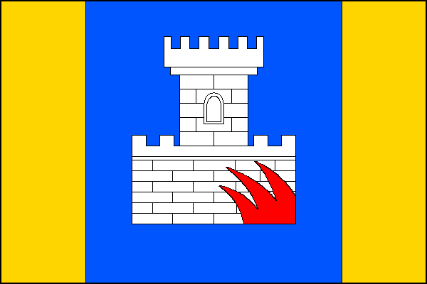 List tvoří tři svislé pruhy, žlutý, modrý a žlutý, v poměru 1:3:1. V modrém pruhu bílá kvádrovaná tvrz tvořená hradbou a věží s prolomeným oknem, obojí s cimbuřím, dole překrytá třemi červenými kosmými vlčími zuby. Poměr šířky k délce listu je 2:3.