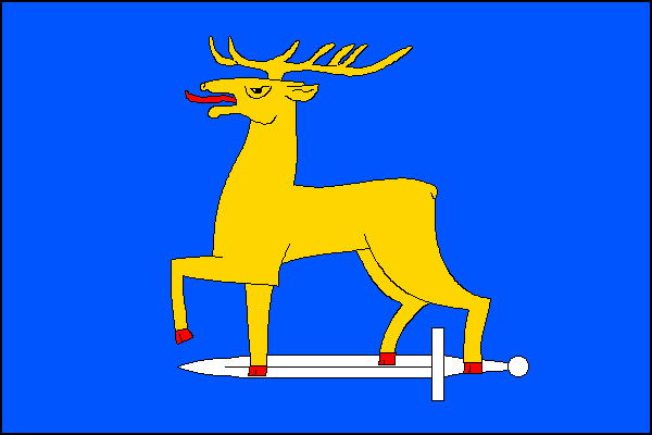 Modrý list se žlutým jelenem s červeným jazykem a kopýtky kráčejícím po bílém meči hrotem k žerdi. Poměr šířky k délce listu je 2:3.