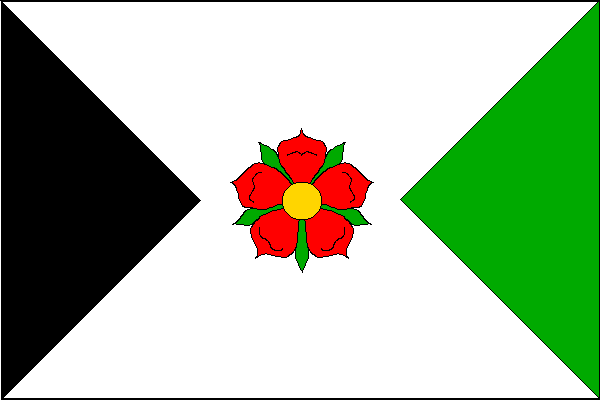 Bílý list s červenou růží se žlutým semeníkem a zelenými kališními lístky, černým žerďovým klínem s vrcholem v jedné třetině délky listu a se zeleným vlajícím klínem s vrcholem ve druhé třetině listu. Poměr šířky k délce listu je 2:3.