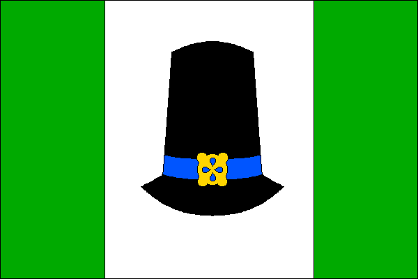 List tvoří tři svislé pruhy: zelený, bílý a zelený v poměru 4:7:4. V bílém poli vysoký černý klobouk s modrou stuhou se žlutou sponou. Poměr šířky k délce listu je 2:3.