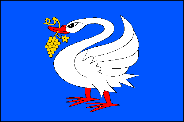 Modrý list s bílou labutí s červenou zbrojí držící v zobáku žlutý vinný hrozen na stonku s jedním listem. Poměr šířky k délce listu je 2:3.