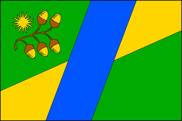 Zelený list s modrým šikmým pruhem z druhé čtvrtiny dolního okraje do třetí čtvrtiny horního okraje listu a se dvěma žlutými šikmými klíny vycházejícími ze čtvrté čtvrtiny žerďového a první čtvrtiny dolního okraje listu a ze čtvrté čtvrtiny horního a prvn
