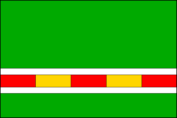 List tvoří pět vodorovných pruhů, zelený, bílý, červeno-žlutě čtyřikrát polcený, bílý a zelený, v poměru 11:1:2:1:4. Poměr šířky k délce listu je 2:3.