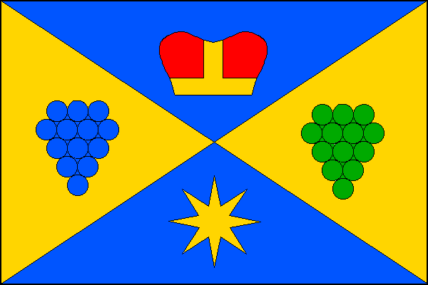 Žluto-modře kosmo a šikmo čtvrcený list. V horním poli červená, žlutě zdobená knížecí koruna, v dolním poli žlutá osmicípá hvězda, v žerďovém poli modrý a ve vlajícím zelený vinný hrozen. Poměr šířky k délce listu je 2:3.