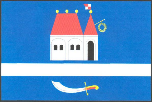 List tvoří tři pruhy, modrý, bílý a modrý, v poměru 4 : 1 : 2. V horním pruhu bílý kostel, loď se dvěma dvojicemi černých oken vedle sebe, s červenou valbovou střechou se třemi žlutými makovicemi. K lodi na vlající straně přiléhá stejně vysoká bílá věž s 