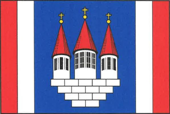 List tvoří pět svislých pruhů, červený, bílý, modrý, bílý a červený, v poměru 1 : 1 : 6 : 1 : 1. V modrém pruhu volná bílá zeď o čtrnácti kvádrech (5, 4, 3, 2), na ní tři bílé válcové věže, prostřední větší se čtyřmi černými okny, krajní se třemi černými 