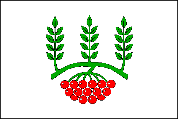 Bílý list se zelenou větví jeřábu se třemi vztyčenými listy a svěšeným červeným plodenstvím. Poměr šířky k délce je 2:3.