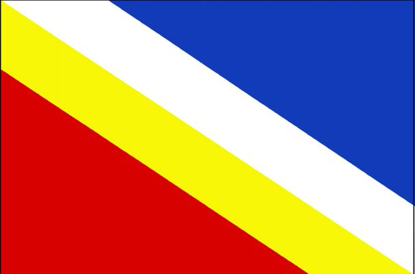 List dělený žlutým a bílým kosmým pruhem na červené žerďové a modré vlající pole. Žlutý pruh vychází z první čtvrtiny žerďového okraje do čtvrté čtvrtiny dolního okraje, bílý pruh vychází z první čtvrtiny horního okraje do čtvrté čtvrtiny vlajícího okraje