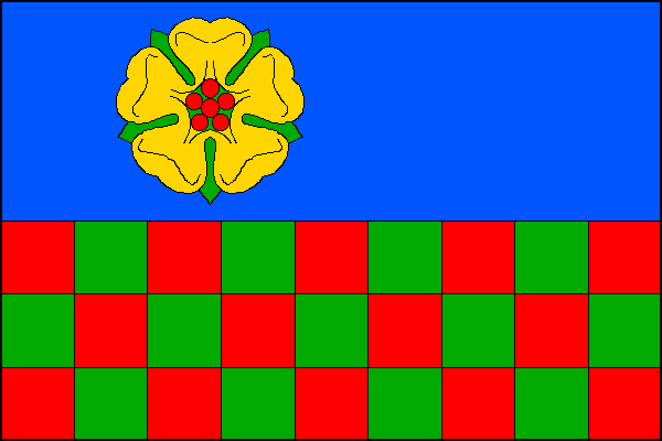 List tvoří dva vodorovné pruhy, modrý a červeno-zeleně šachovaný (3x9). V žerďové a střední části modrého pruhu žlutá růže s červeným semeníkem a zelenými kališními lístky. Poměr šířky k délce listu je 2:3.