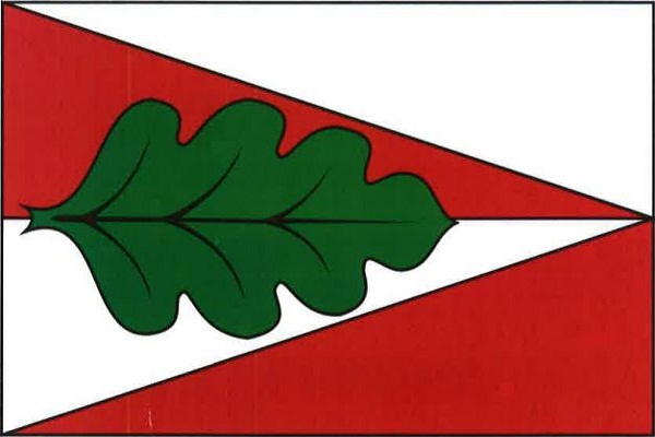 List tvoří dva vodorovné pruhy, bílý a červený, s děleným žerďovým klínem opačných barev s vrcholem na vlajícím okraji listu. V klínu zelený dubový list řapíkem k žerďovému okraji. Poměr šířky k délce listu je 2 : 3.