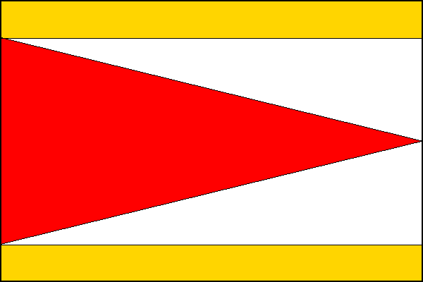 Bílý list se žlutými pruhy na horním a dolním okraji, širokými 2/15 šířky listu, mezi nimi červený žerďový klín sahající do středu vlajícího okraje. Poměr šířky k délce listu praporu je 2:3.