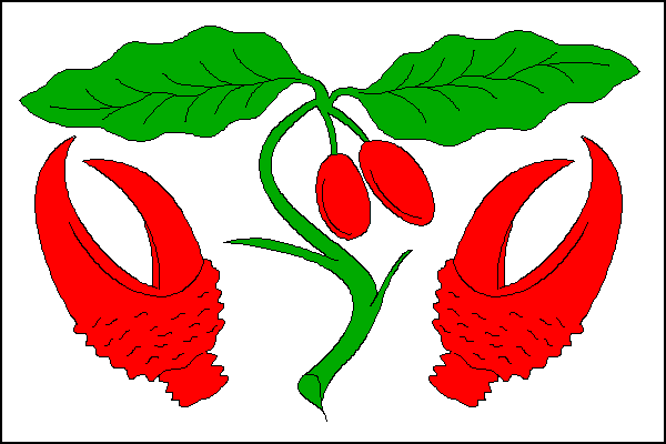 Bílý list se zelenou snítkou dřínu s dvěma červenými plody dole provázenou odvrácenými račími klepety (obecní znak je převeden do listu praporu). Poměr šířky k délce listu je 2:3.