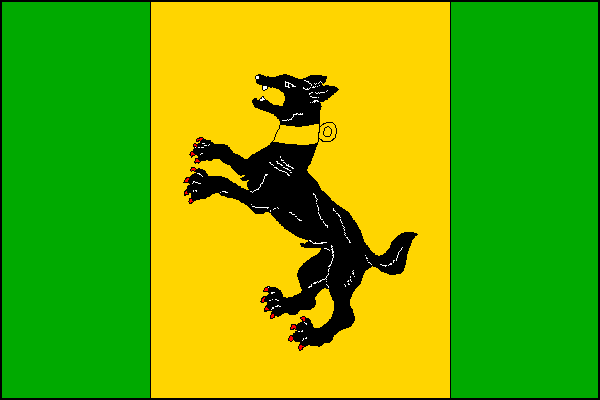 List tvoří tři svislé pruhy - zelený, žlutý a zelený, v poměru 1:2:1. Ve žlutém poli je černý lovecký pes ve skoku s bílými zuby, červenou zbrojí a žlutým obojkem. Poměr šířky k délce listu je 2:3.