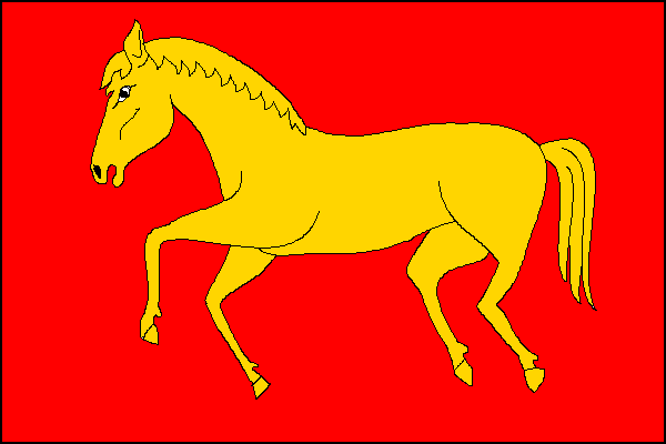 Červený list se žlutým běžícím koněm. Poměr šířky k délce listu je 2:3.