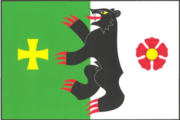 List tvoří dva svislé pruhy, zelený a bílý. Uprostřed listu černý medvěd ve skoku s červenou zbrojí a bílými zuby, provázený v zeleném pruhu žlutým tlapatým křížem a v bílém pruhu červenou růží se žlutým semeníkem. Poměr šířky k délce listu je 2 : 3.