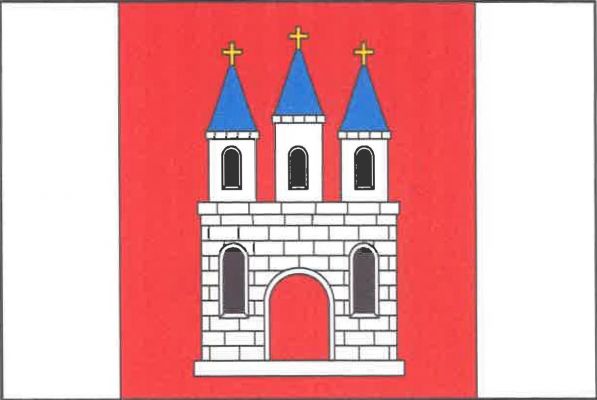 List tvoří tři svislé pruhy, bílý, červený a bílý, v poměru 1 : 3 : 1. V červeném pruhu na bílém soklu bílé kvádrované průčelí kostela s prázdnou branou, dvěma černými obloukovými okny a třemi bílými věžemi, prostřední vyšší, každá s černým obloukovým okn