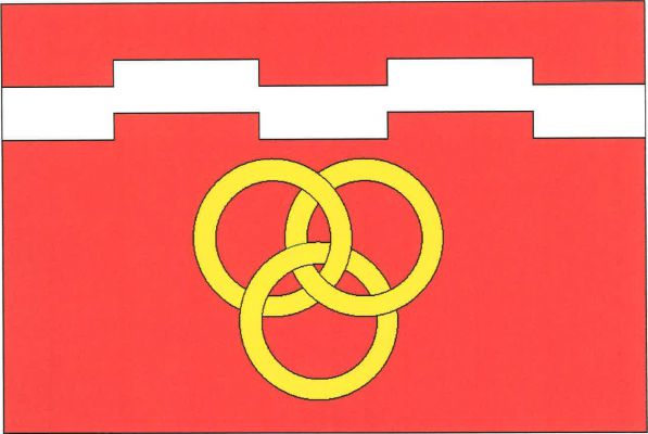 List tvoří tři vodorovné pruhy, červený, bílý oboustranně zubatý posunutý se dvěma zuby vysokými poloviny šířky pruhu a třemi stejnými mezerami a červený, v poměru 2 : 1 : 6. V dolním pruhu tři (2,1) žluté propletené kruhy. Poměr šířky k délce listu je 2 