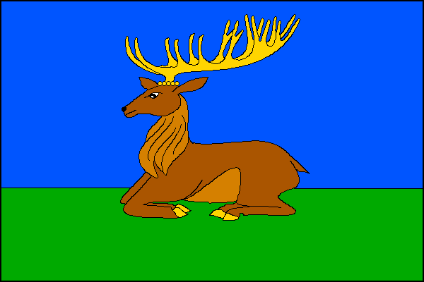 List tvoří dva vodorovné pruhy - modrý a zelený v poměru 2:1. Na středu přes pruhy hnědý ležící jelen se žlutými parohy a kopyty. Poměr šířky k délce listu je 2:3.