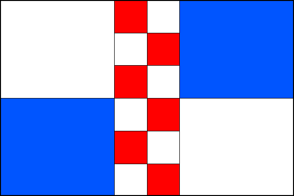 Bílo-modře čtvrcený list. Uprostřed svislý červeno-bíle šachovaný pruh (6x2) široký jednu třetinu šířky listu. Poměr šířky k délce listu je 2:3.