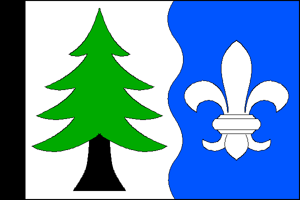List tvoří tři svislé pruhy, černý, bílý a zvlněný modrý se třemi vrcholy a dvěma prohlubněmi, v poměru 1:6:5. V bílém pruhu zelený smrk s černým kmenem, v modrém pruhu bílá lilie. Poměr šířky k délce listu je 2:3.