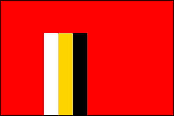 Červený list se třemi svislými pruhy, bílým, žlutým a černým, vycházejícími ze čtvrté, páté a šesté dvanáctiny dolního okraje listu a dosahujícími do pěti sedmin šířky listu. Poměr šířky k délce listu je 2:3.