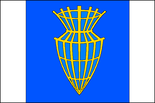 List tvoří tři svislé pruhy, bílý, modrý a bílý, v poměru 1:4:1. Uprostřed modrého pruhu žlutá postavená vrš. Poměr šířky k délce listu je 2:3.