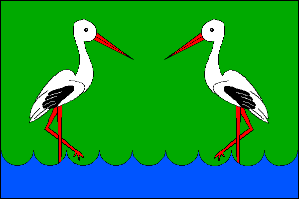 List tvoří dva vodorovné pruhy, zelený a vlnkovitý modrý, v poměru 3:1. Z modrého pruhu vyrůstají dva přivrácení bílí čápi s černými křídly a červenou zbrojí. Poměr šířky k délce listu je 2:3.