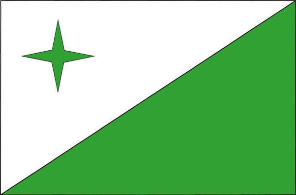 Bílo - zeleně šikmo dělený list. V žerďové části zelená čtyřcípá hvězda. Poměr šířky k délce listu je 2 : 3.