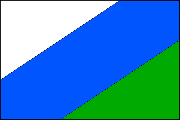 List tvoří šikmý modrý pruh široký jednu třetinu délky listu. Horní žerďové pole bílé, dolní vlající zelené. Poměr šířky k délce listu je 2:3.